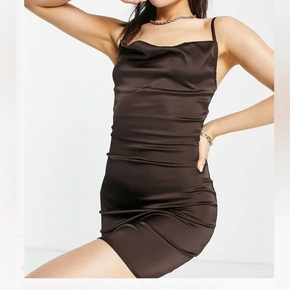 Parisian satin cami strap mini dress cowl neck in chocolate - Picture 4 of 4